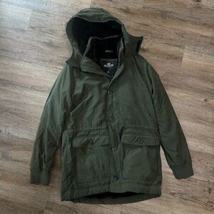Hollister Parka Womens Medium Green Hood Winter Coat Fleece Lined Warm